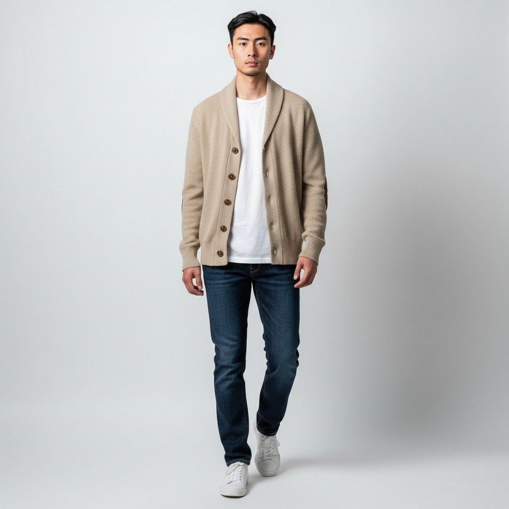 Jos. A. Bank Cardigan Large Beige Shawl Collar Waffle Knit Elbow Patches Cotton